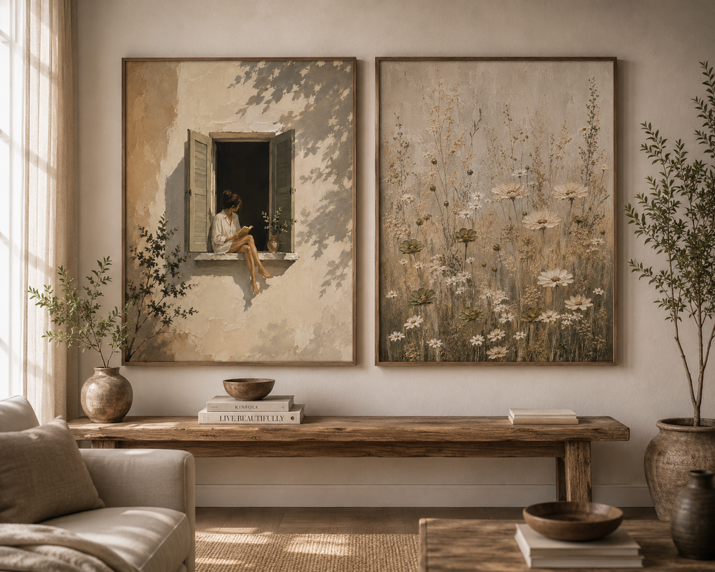 Cozy Window Reading Matte Canvas Print — Woman in Sunlit Shutters