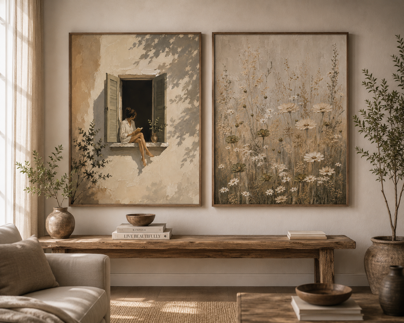 Cozy Window Reading Matte Canvas Print — Woman in Sunlit Shutters