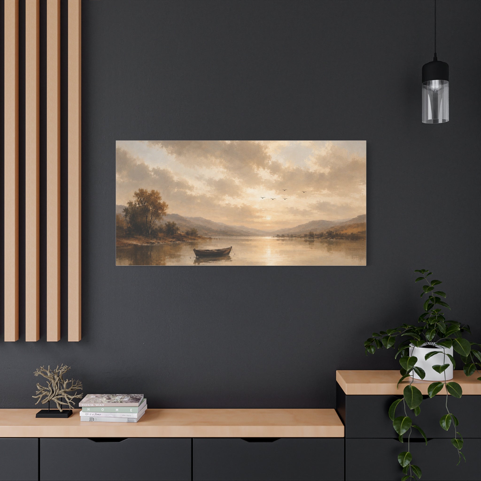 Canvas Wall Art - Serene Lake Boat Landscape Matte Stretched Canvas