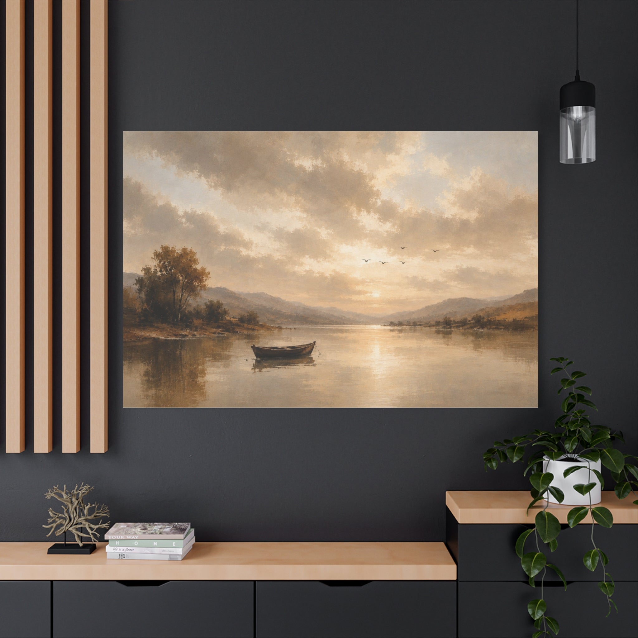 Canvas Wall Art - Serene Lake Boat Landscape Matte Stretched Canvas