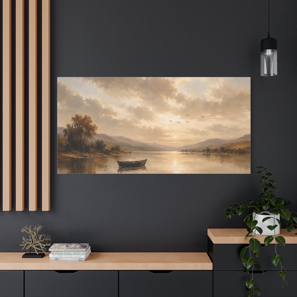 Canvas Wall Art - Serene Lake Boat Landscape Matte Stretched Canvas