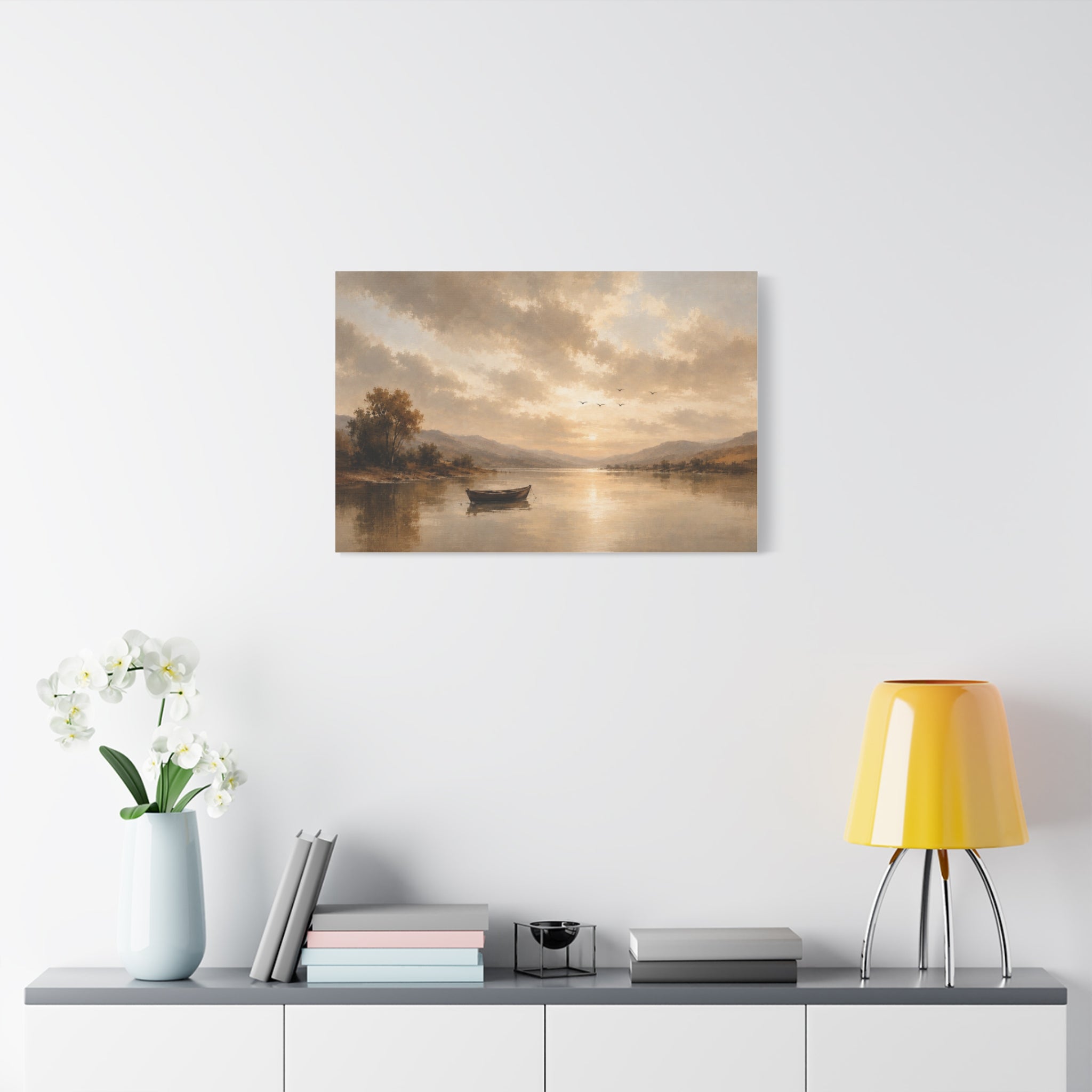 Canvas Wall Art - Serene Lake Boat Landscape Matte Stretched Canvas
