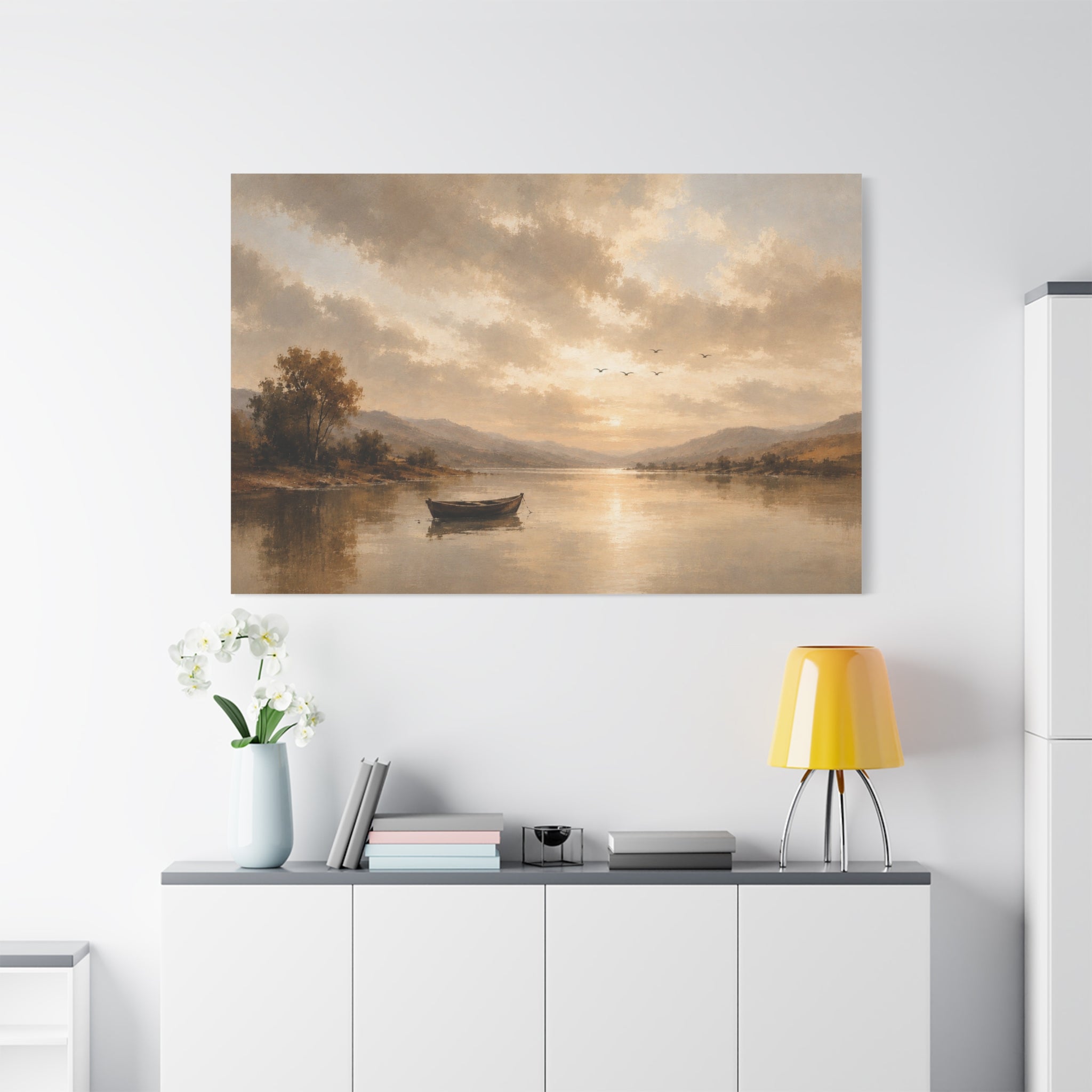 Canvas Wall Art - Serene Lake Boat Landscape Matte Stretched Canvas