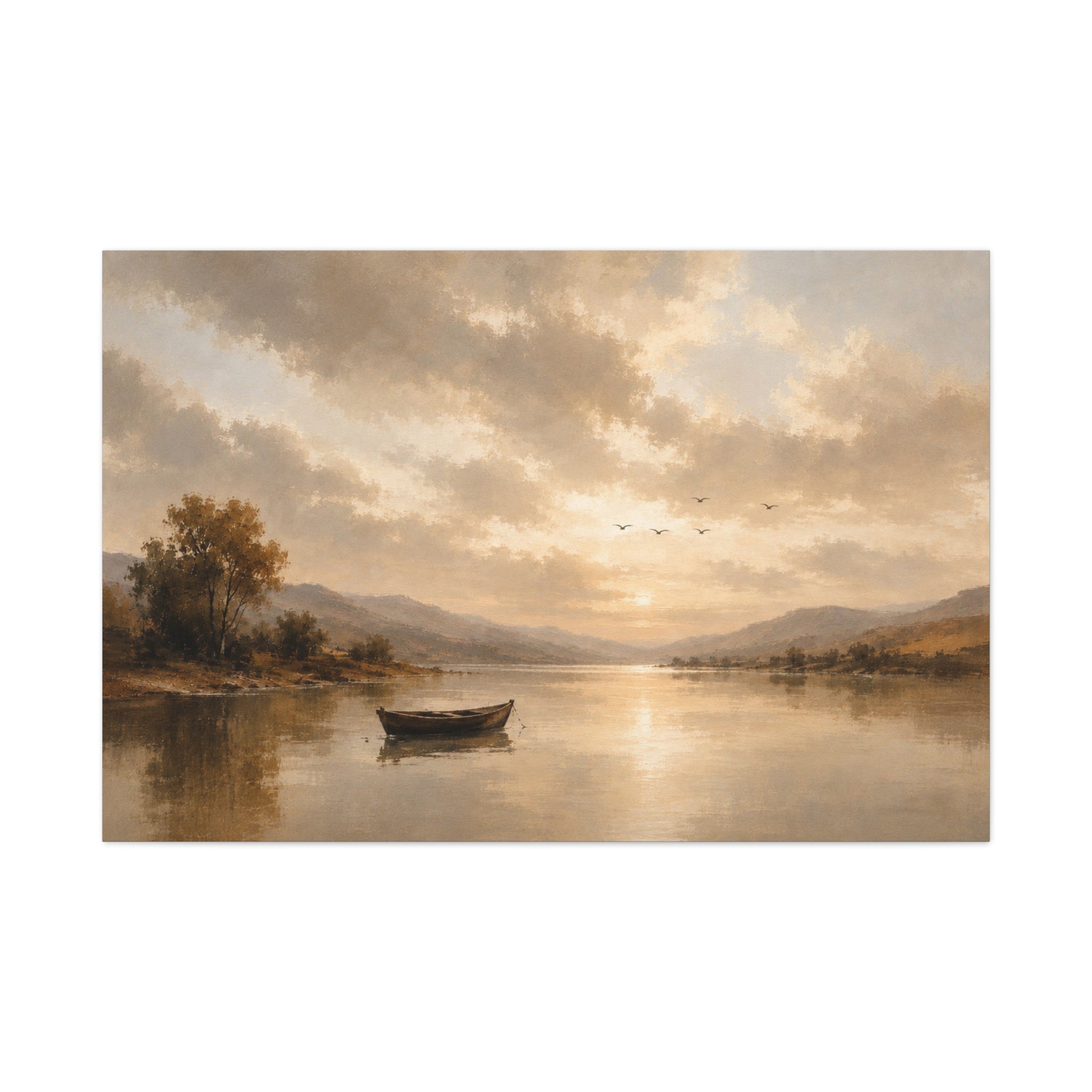 Canvas Wall Art - Serene Lake Boat Landscape Matte Stretched Canvas