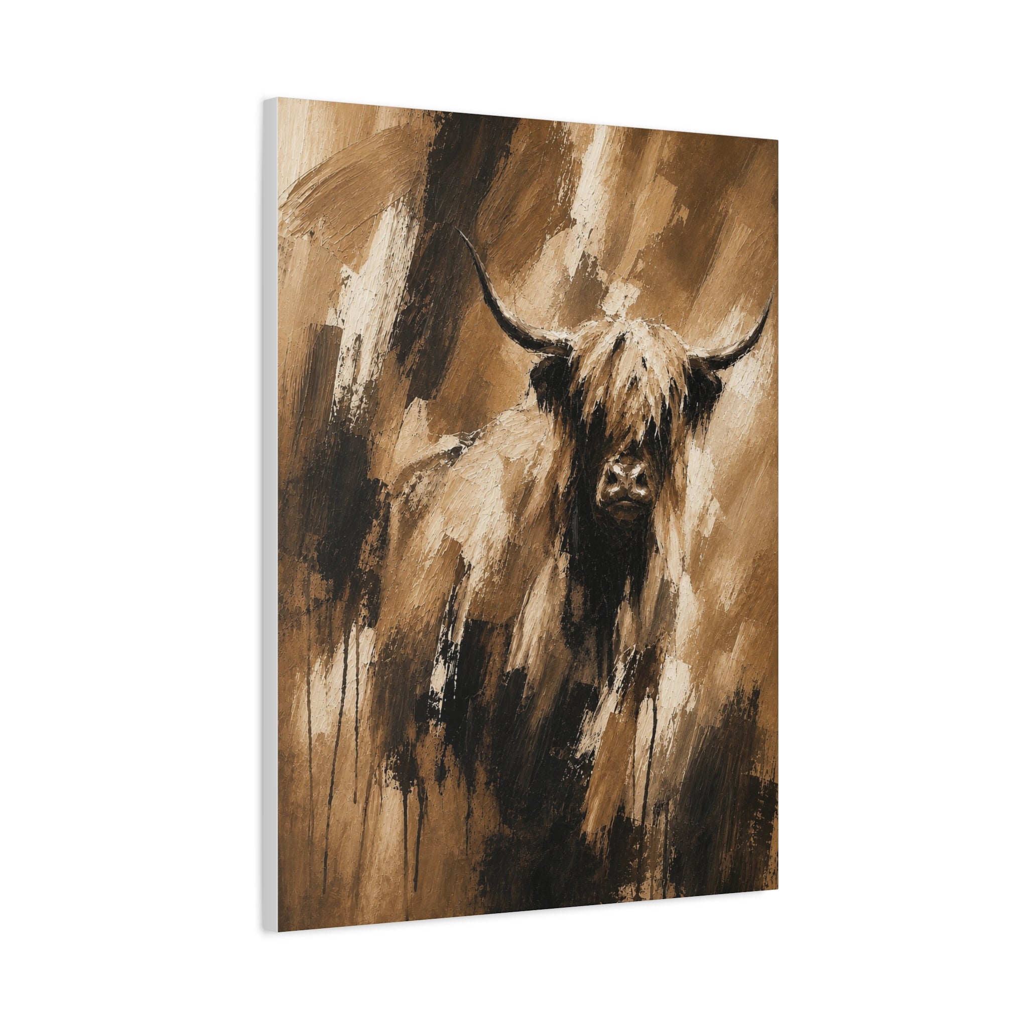 Highland Cow Matte Canvas Wall Art — Rustic Brown Abstract Cattle Painting