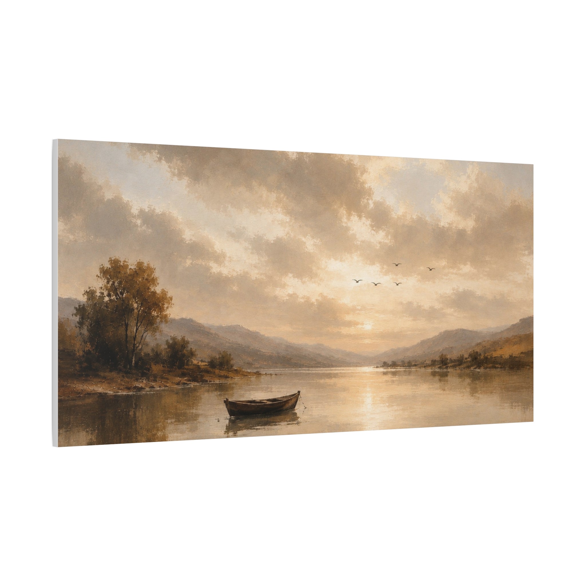Canvas Wall Art - Serene Lake Boat Landscape Matte Stretched Canvas
