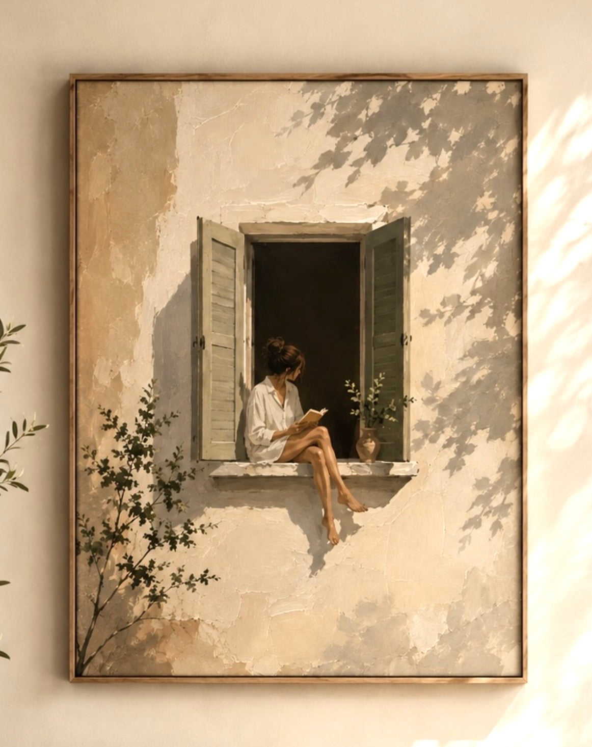 Cozy Window Reading Matte Canvas Print — Woman in Sunlit Shutters