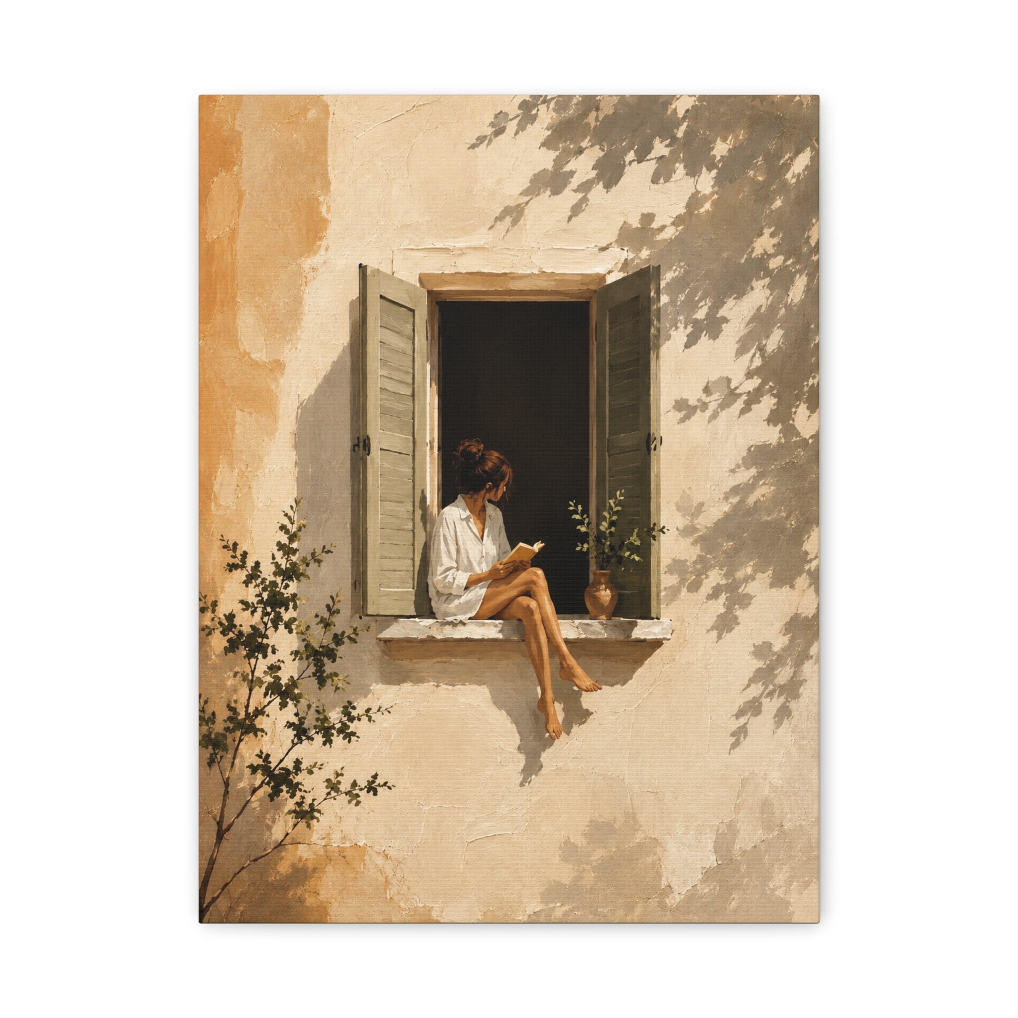 Cozy Window Reading Matte Canvas Print — Woman in Sunlit Shutters
