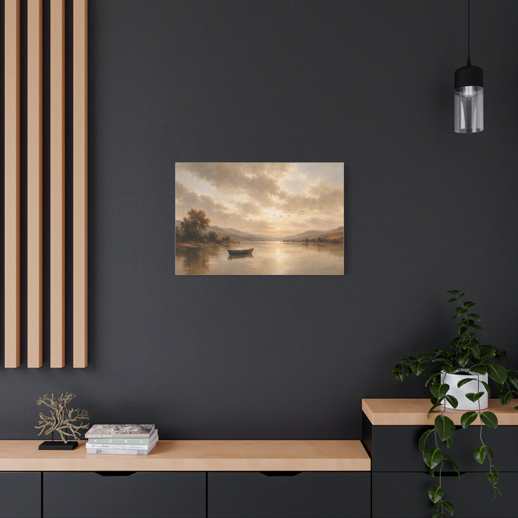 Canvas Wall Art - Serene Lake Boat Landscape Matte Stretched Canvas