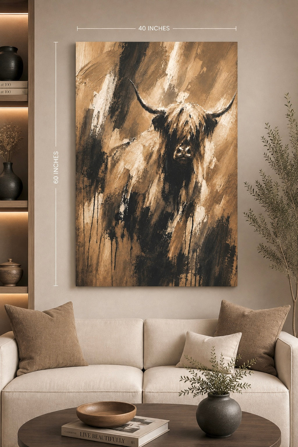 Highland Cow Matte Canvas Wall Art — Rustic Brown Abstract Cattle Painting
