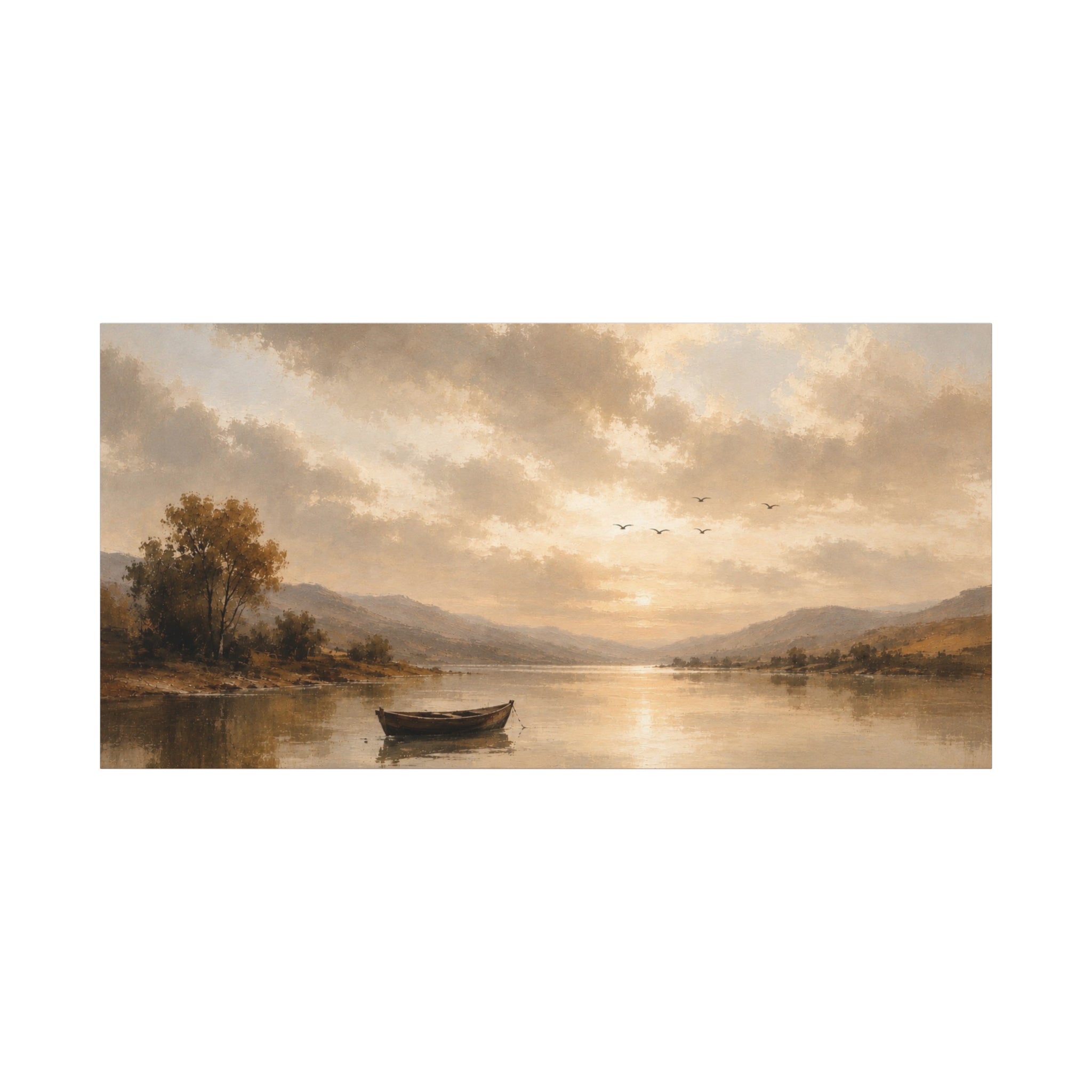 Canvas Wall Art - Serene Lake Boat Landscape Matte Stretched Canvas