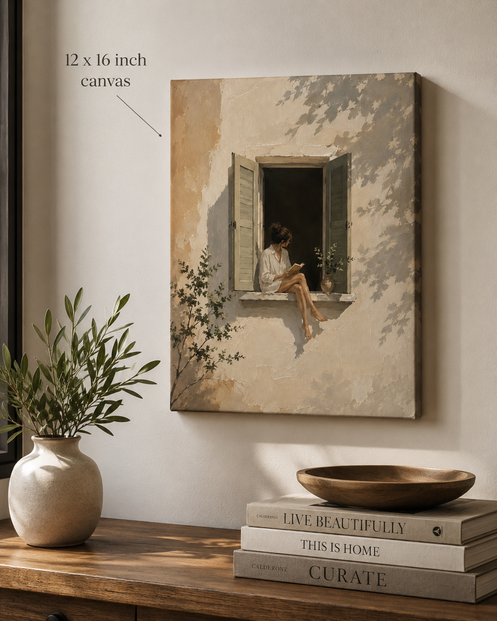 Cozy Window Reading Matte Canvas Print — Woman in Sunlit Shutters