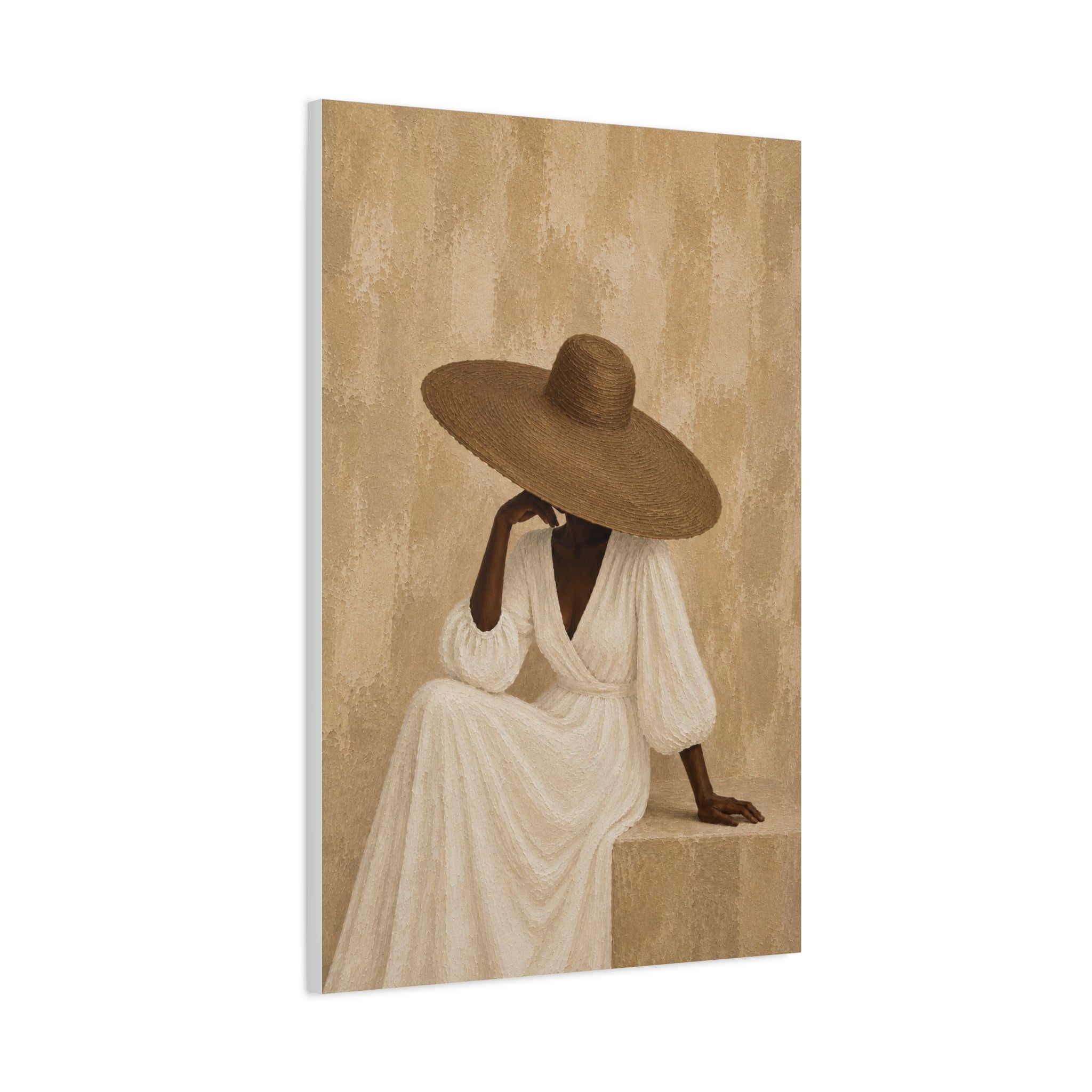 Elegant Neutral Portrait Canvas — Woman in Sun Hat Matte Stretched Canvas