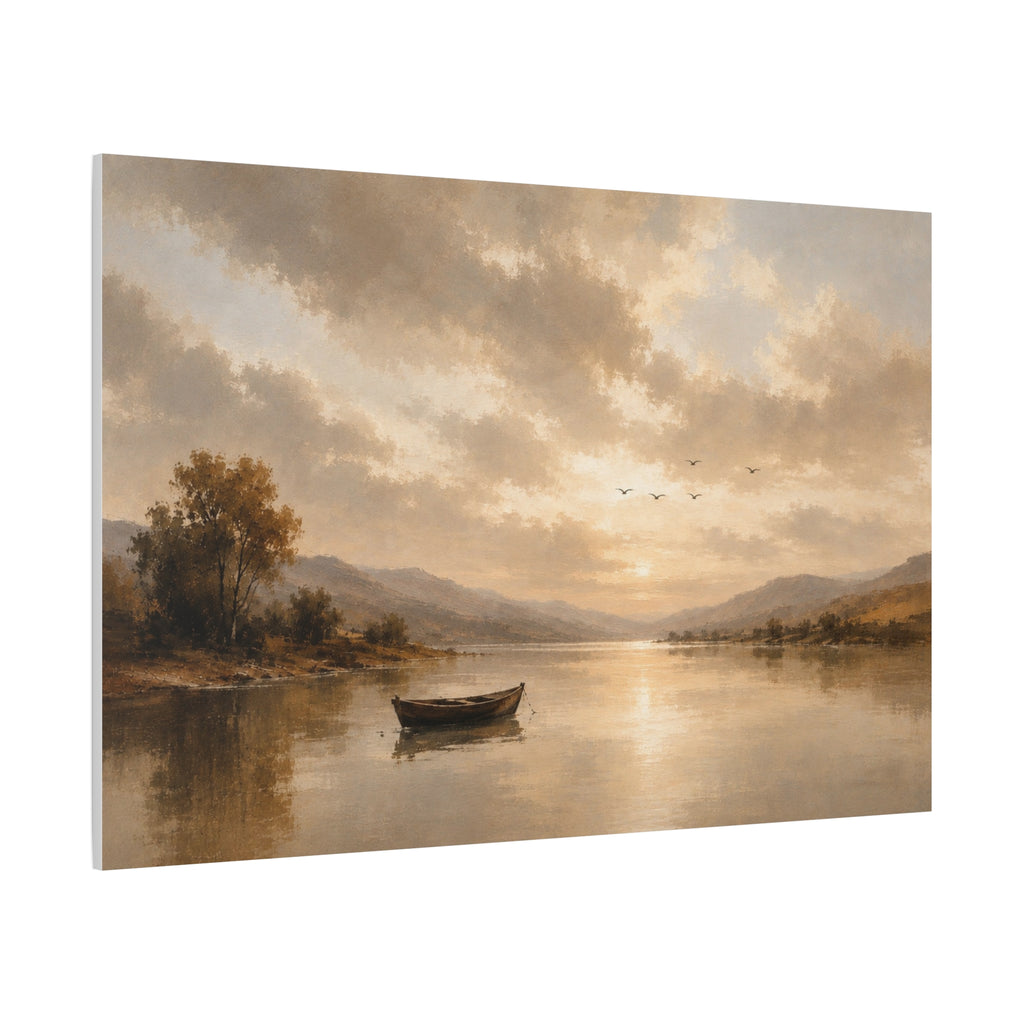 Canvas Wall Art - Serene Lake Boat Landscape Matte Stretched Canvas