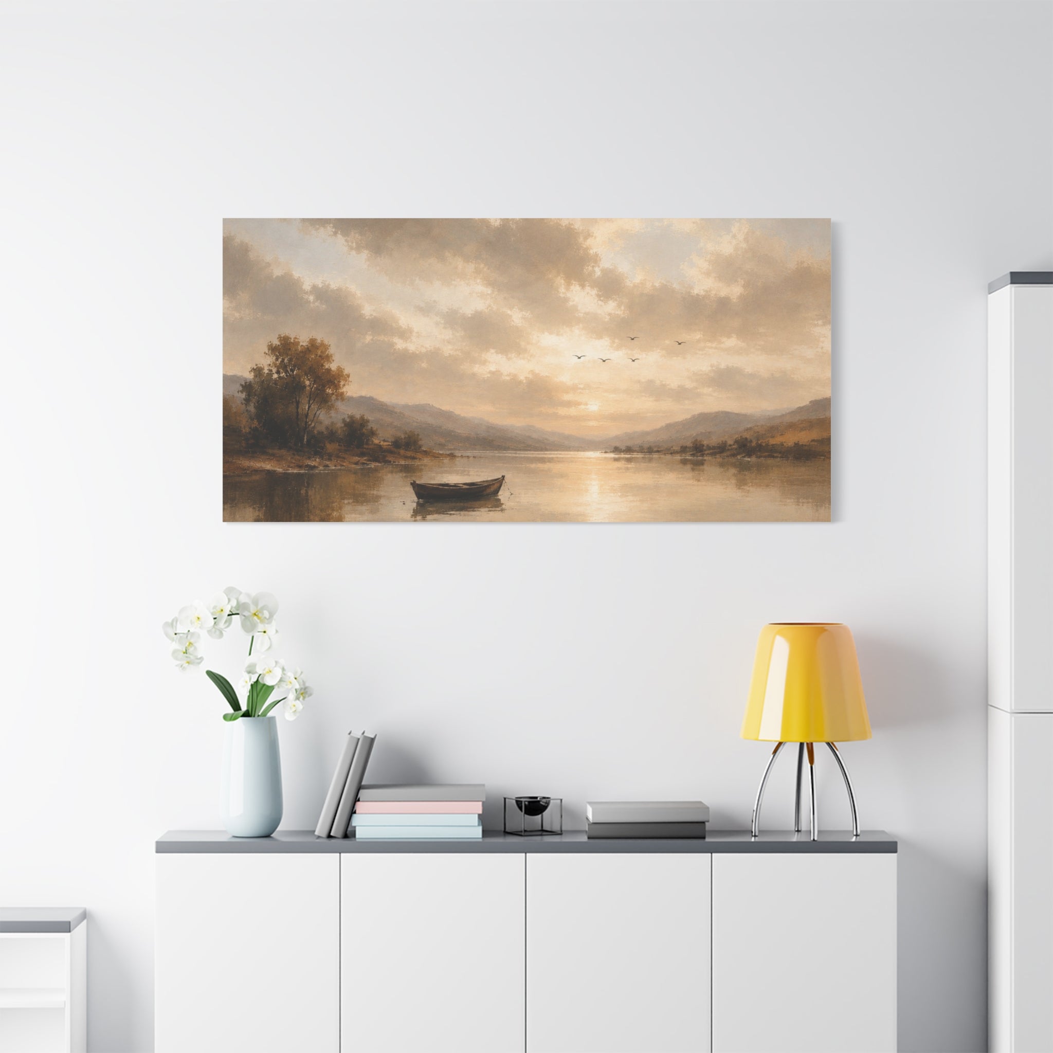 Canvas Wall Art - Serene Lake Boat Landscape Matte Stretched Canvas