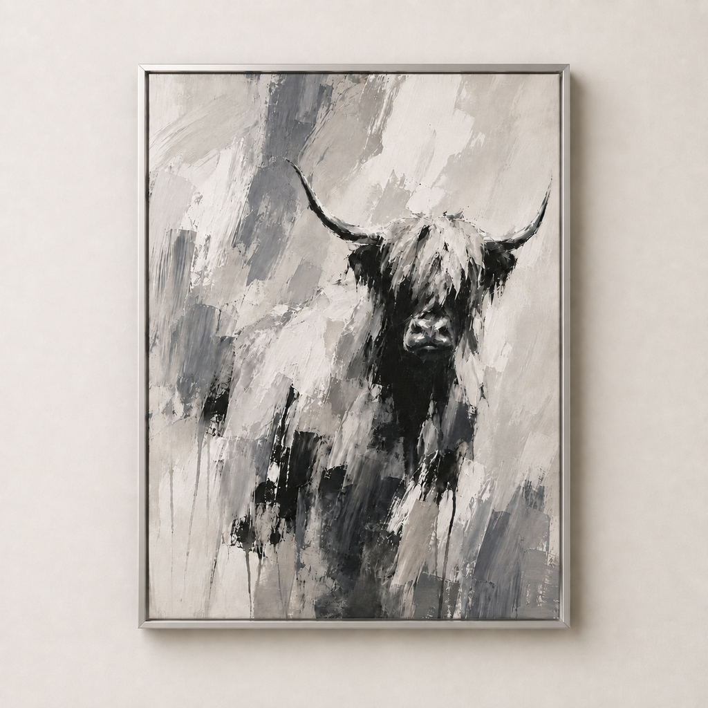 Abstract Black & White Highland Cow - Framed Floating Canvas