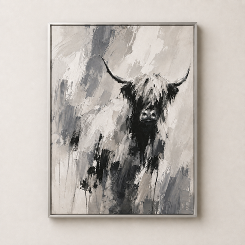Abstract Black & White Highland Cow - Framed Floating Canvas