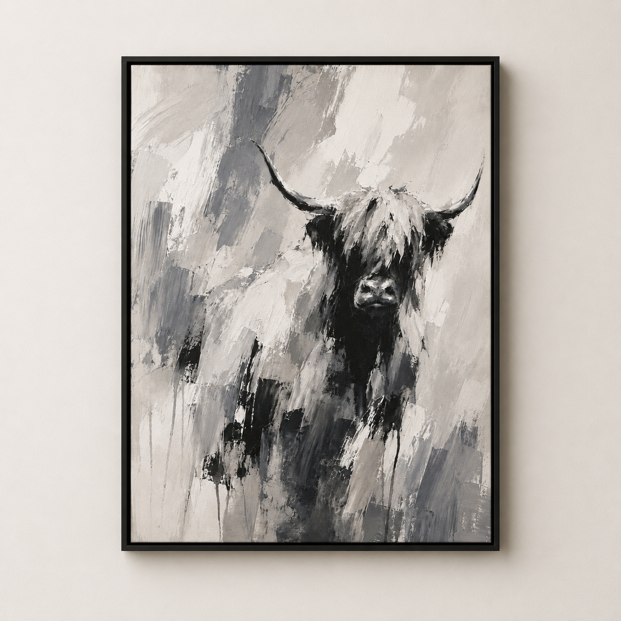 Abstract Black & White Highland Cow - Framed Floating Canvas