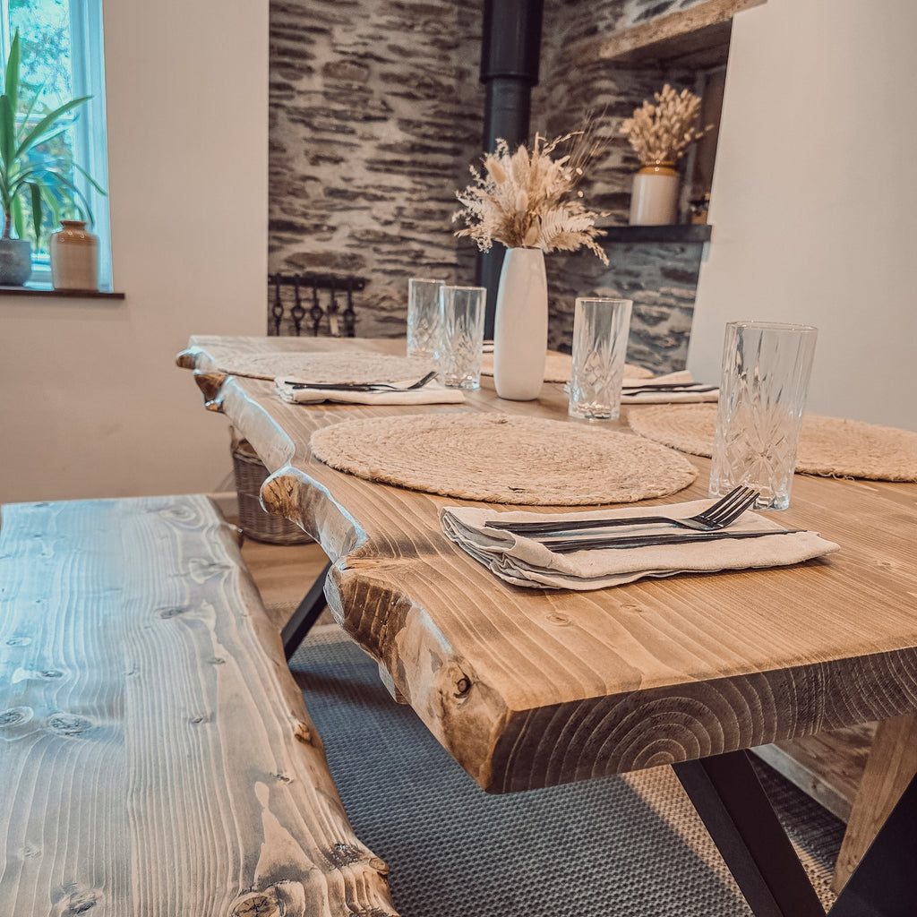Live / Waney Edge Dining Table With Bench and X Cross Metal Legs