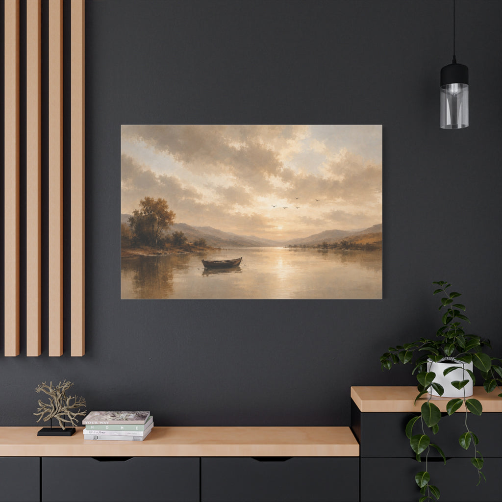 Canvas Wall Art - Serene Lake Boat Landscape Matte Stretched Canvas