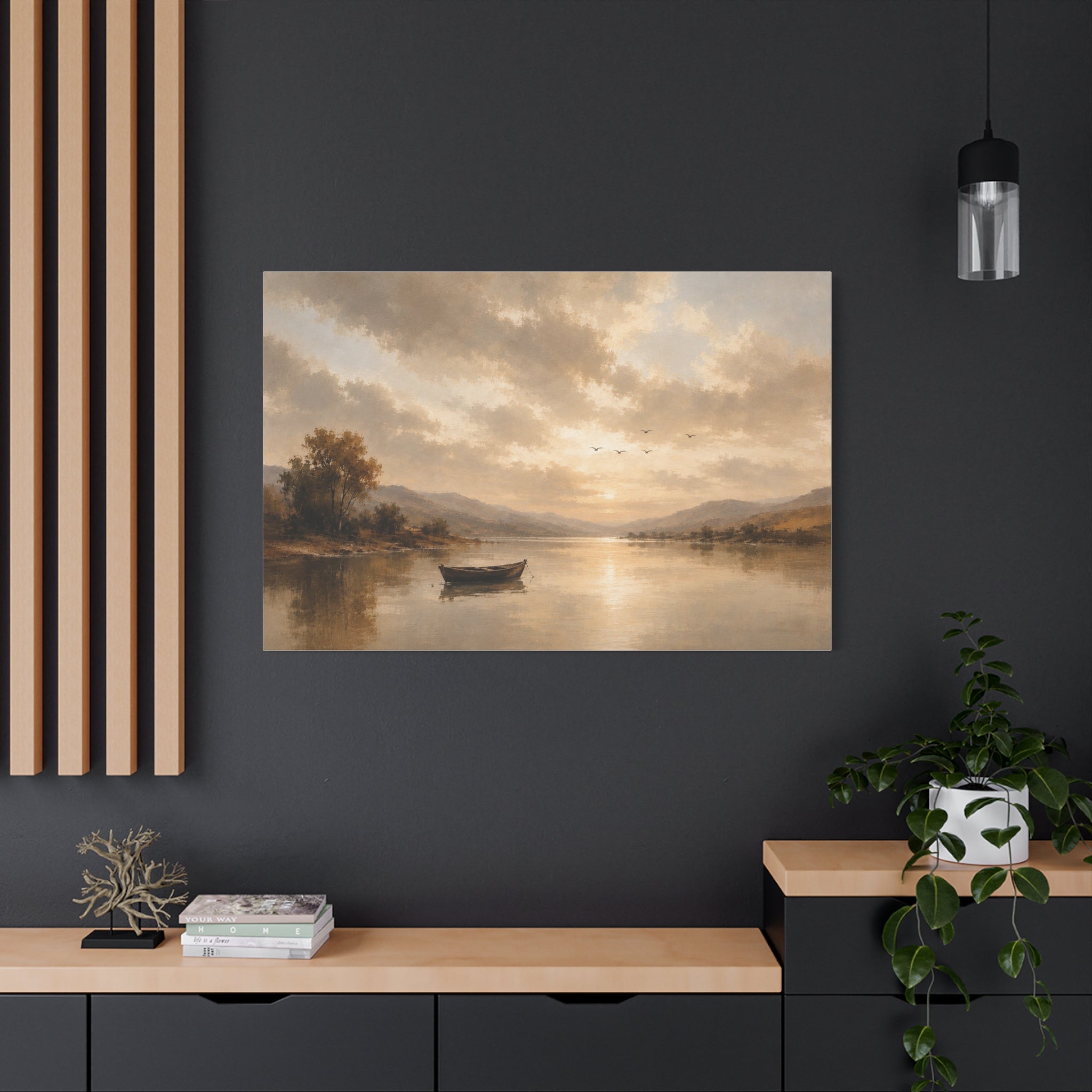 Canvas Wall Art - Serene Lake Boat Landscape Matte Stretched Canvas