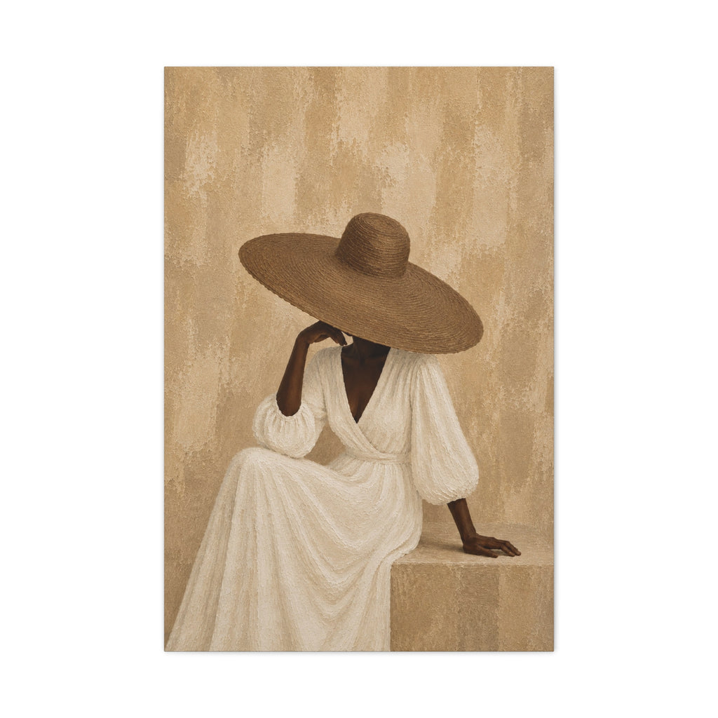 Elegant Neutral Portrait Canvas — Woman in Sun Hat Matte Stretched Canvas