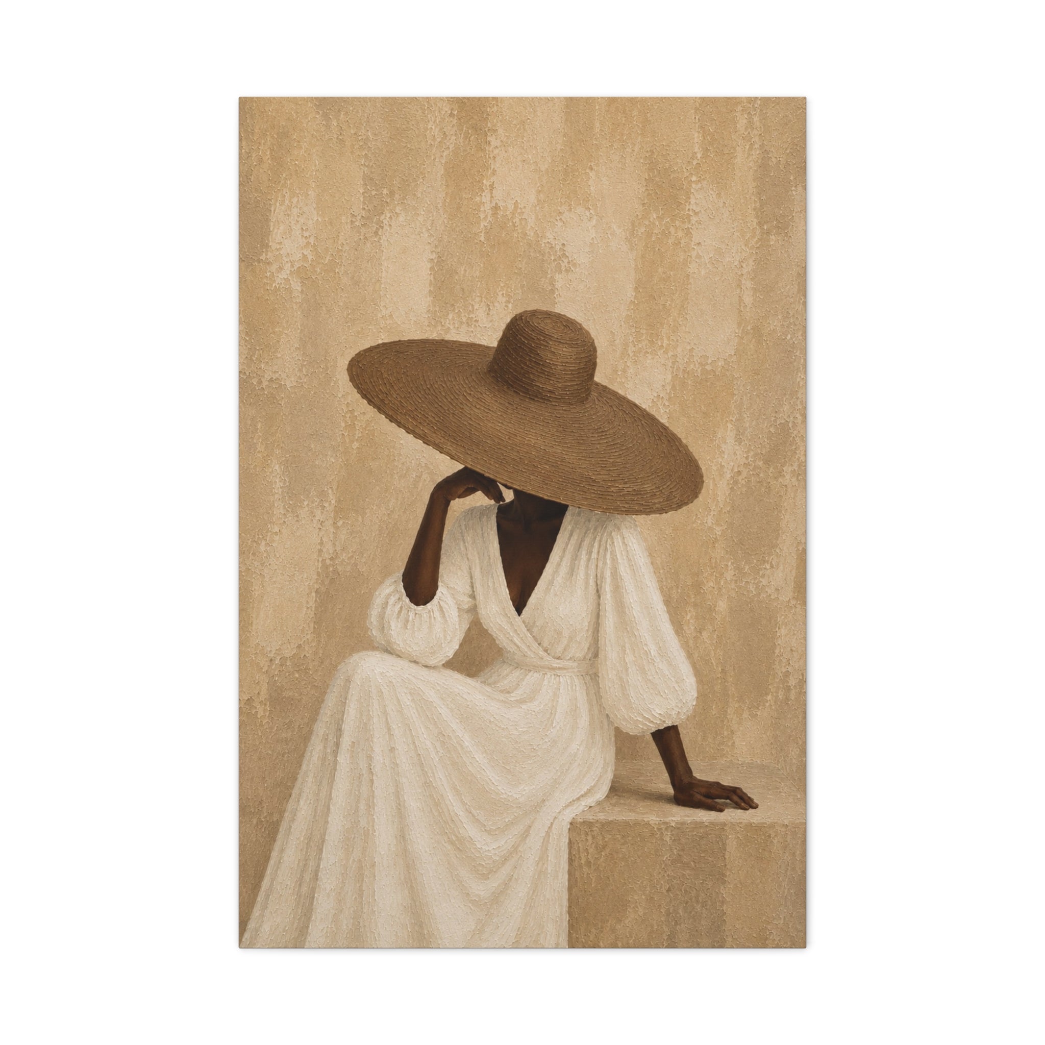 Elegant Neutral Portrait Canvas — Woman in Sun Hat Matte Stretched Canvas