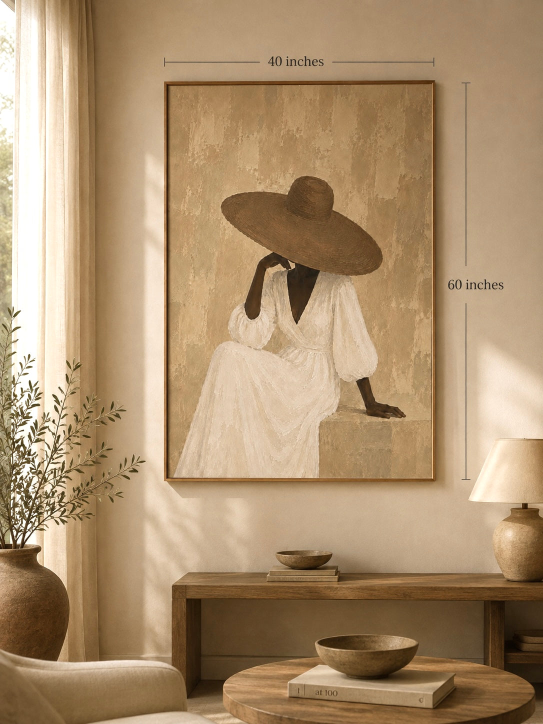 Elegant Neutral Portrait Canvas — Woman in Sun Hat Matte Stretched Canvas