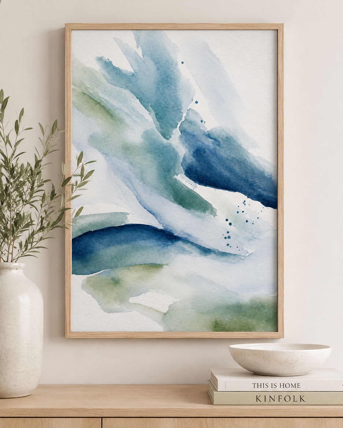 Abstract Watercolor Canvas Print — Blue Green Matte Stretched Wall Art