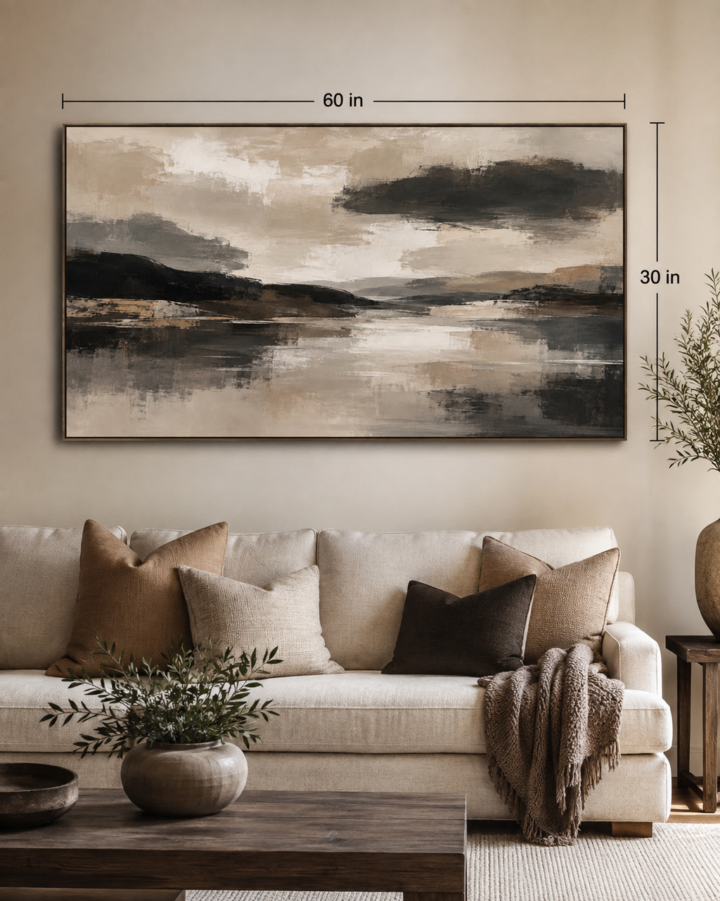 Abstract Neutral Lake Canvas Wall Art — Matte Stretched Landscape Print