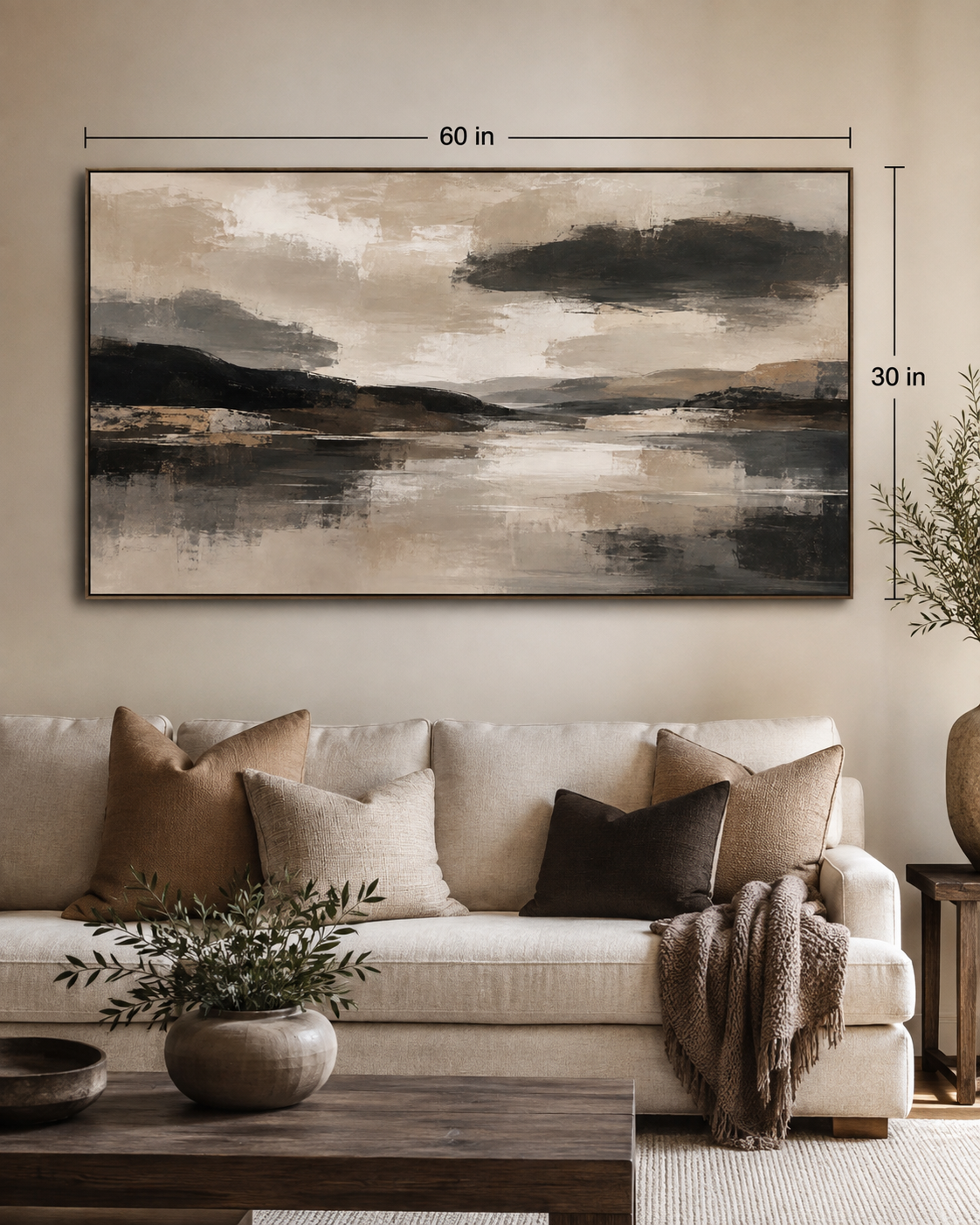 Abstract Neutral Lake Canvas Wall Art — Matte Stretched Landscape Print