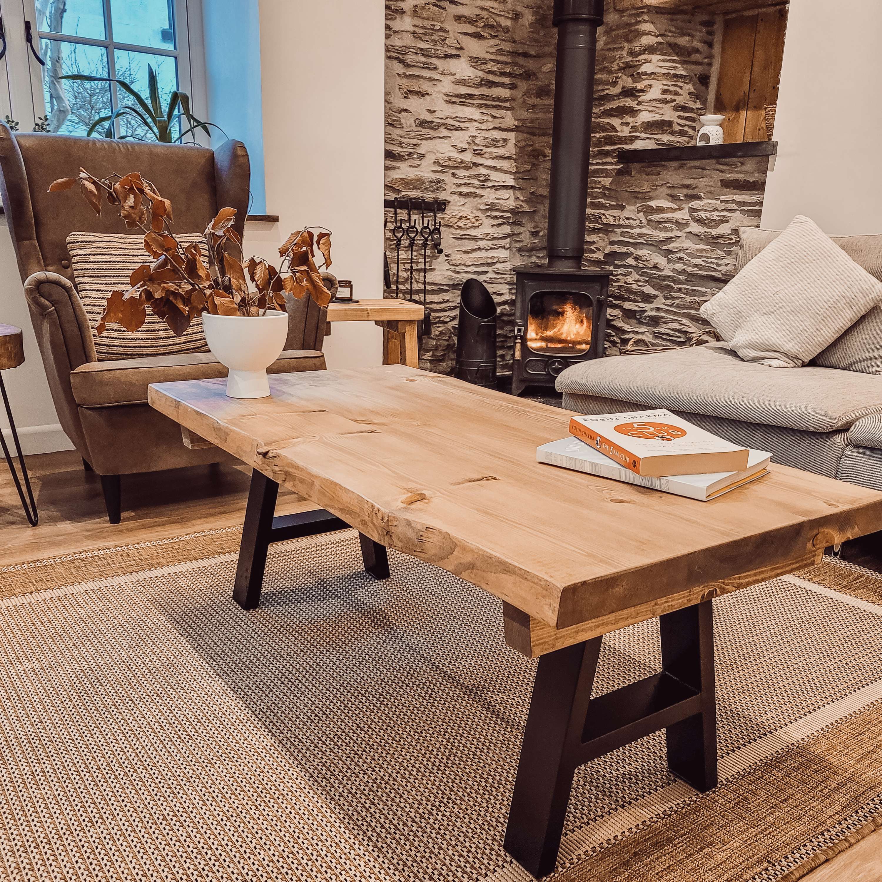 VELA Live / Waney Edge Coffee Table With Metal A Frame Legs