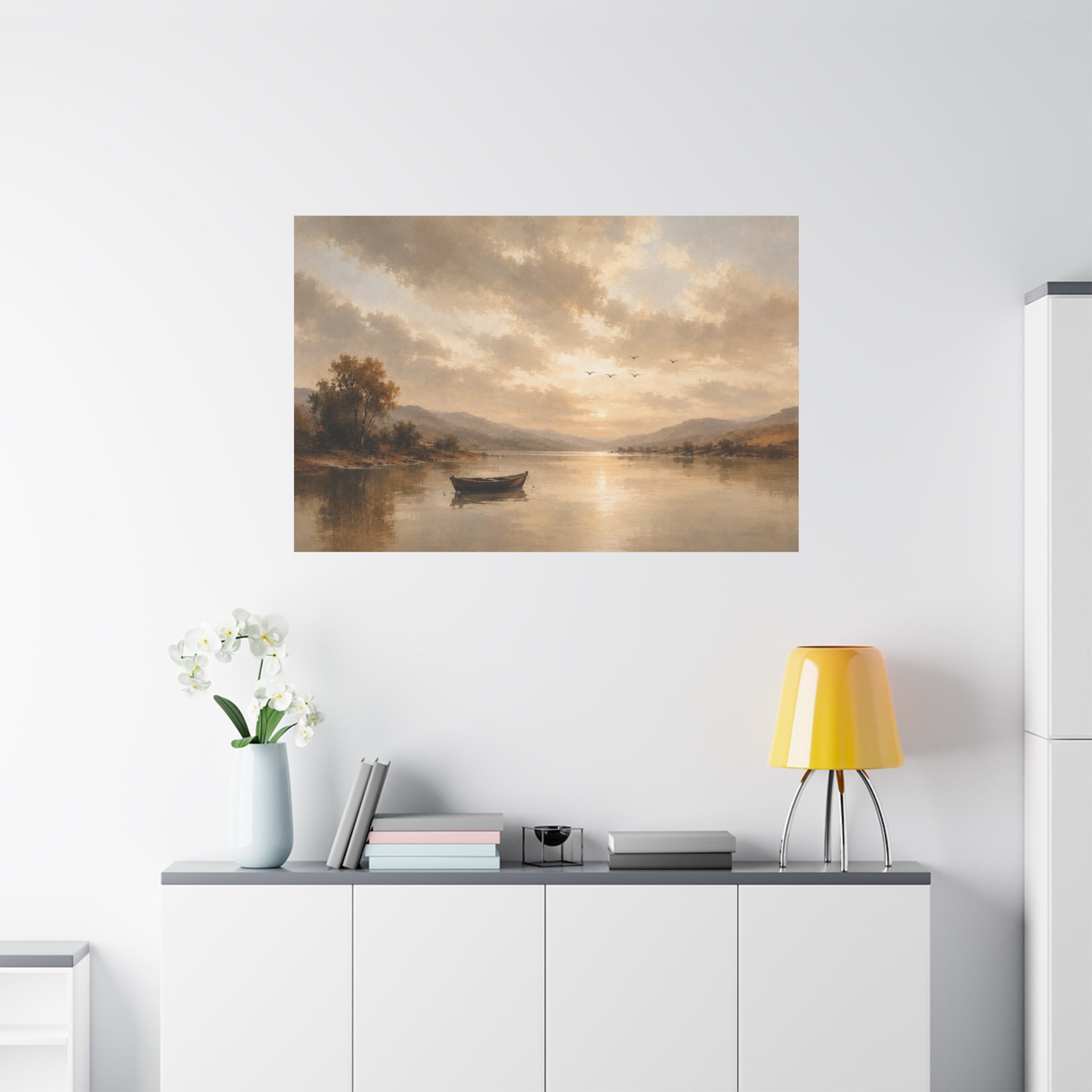 Canvas Wall Art - Serene Lake Boat Landscape Matte Stretched Canvas