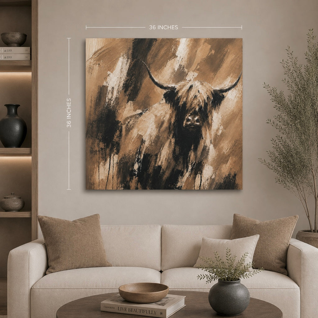 Highland Cow Matte Canvas Wall Art — Rustic Brown Abstract Cattle Painting