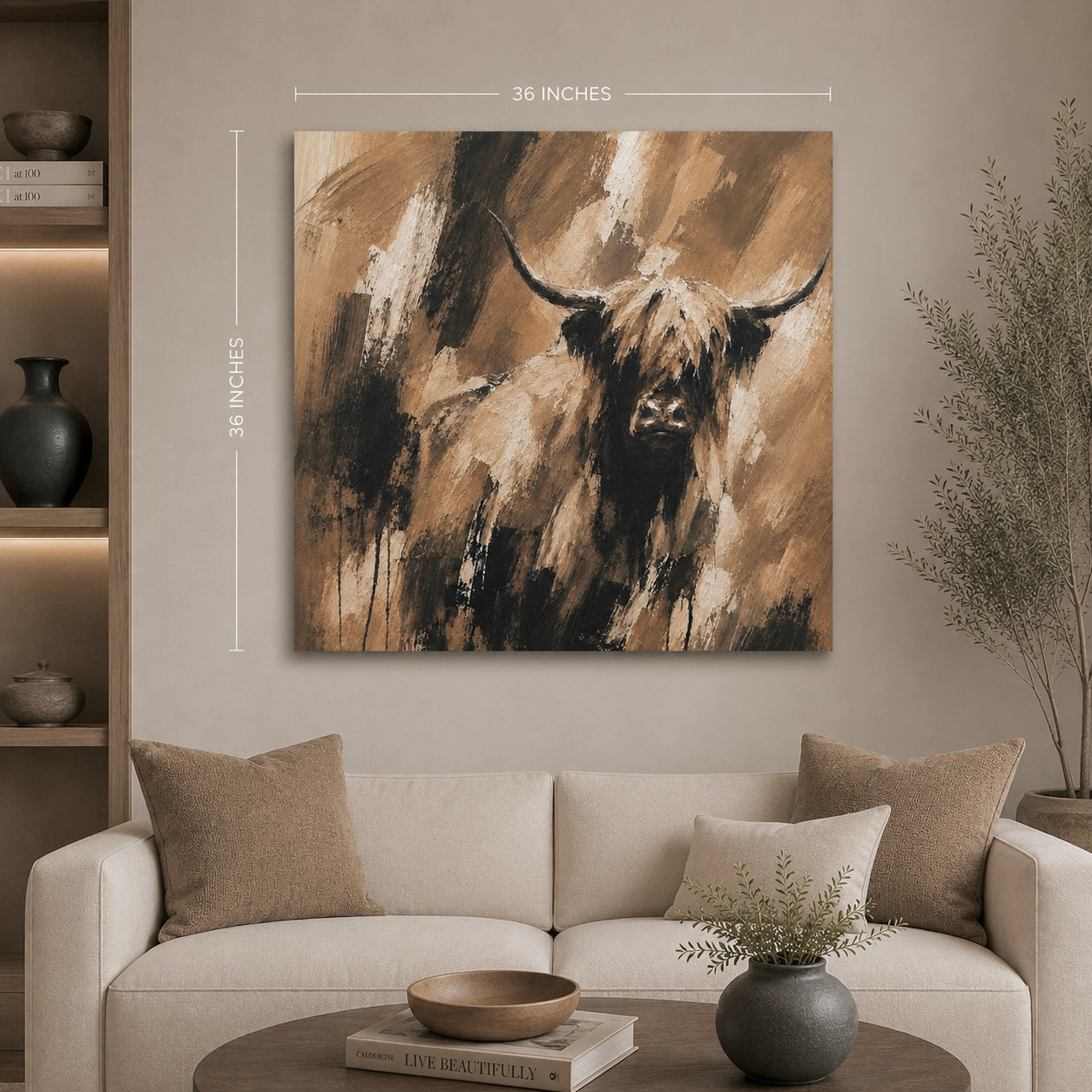 Highland Cow Matte Canvas Wall Art — Rustic Brown Abstract Cattle Painting
