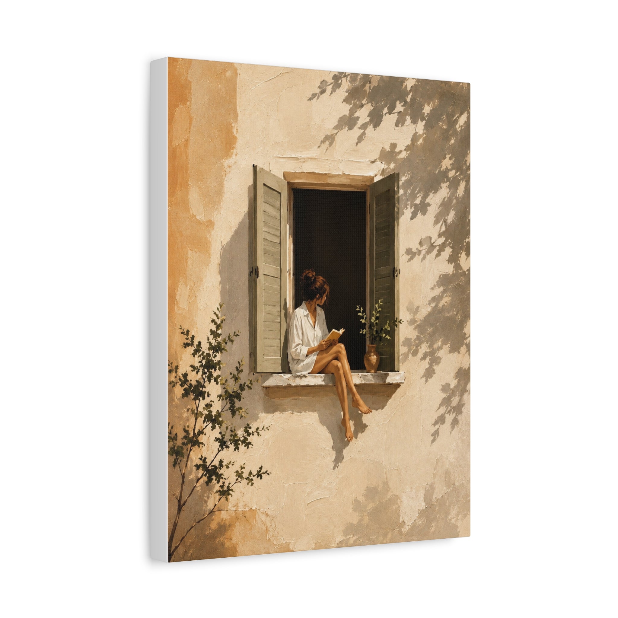 Cozy Window Reading Matte Canvas Print — Woman in Sunlit Shutters