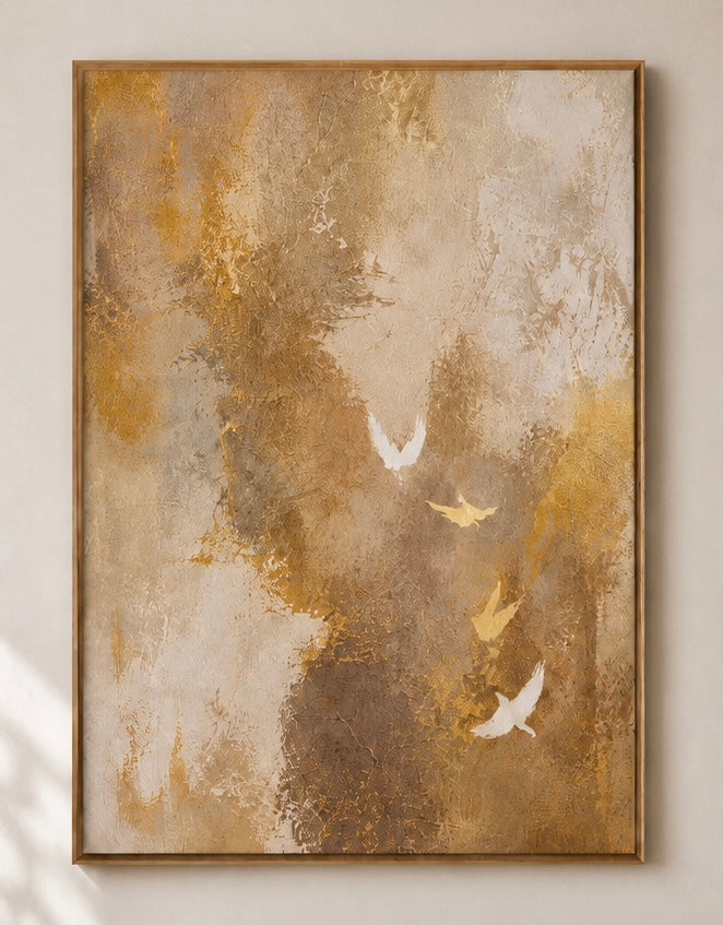Neutral Abstract Canvas Wall Art with Flying Birds — Matte Stretched Print