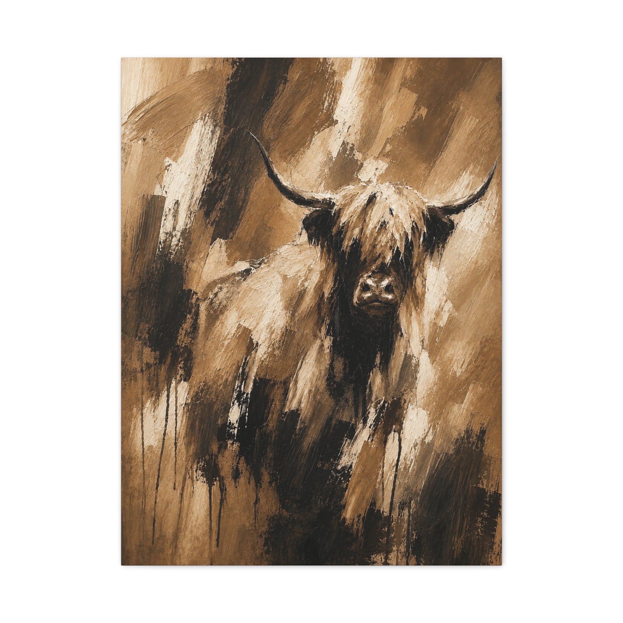Highland Cow Matte Canvas Wall Art — Rustic Brown Abstract Cattle Painting