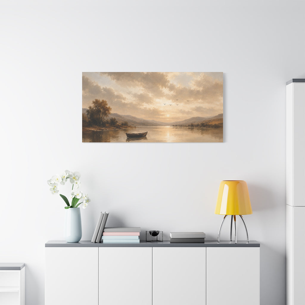Canvas Wall Art - Serene Lake Boat Landscape Matte Stretched Canvas