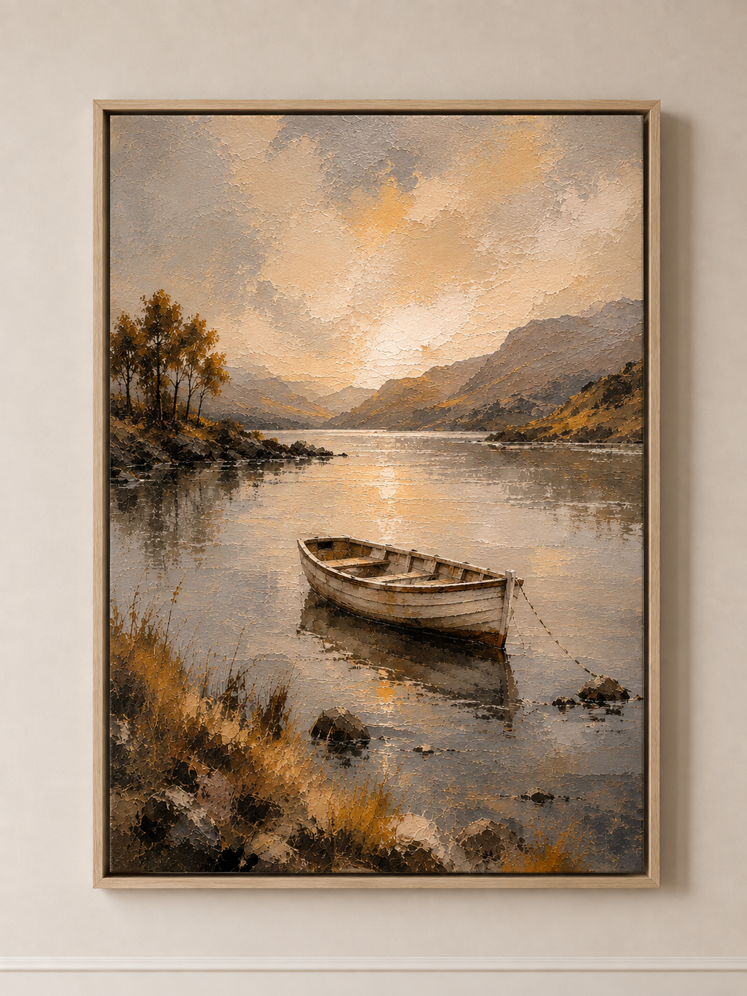 Rowboat Lake at Sunset - Framed Floating Canvas