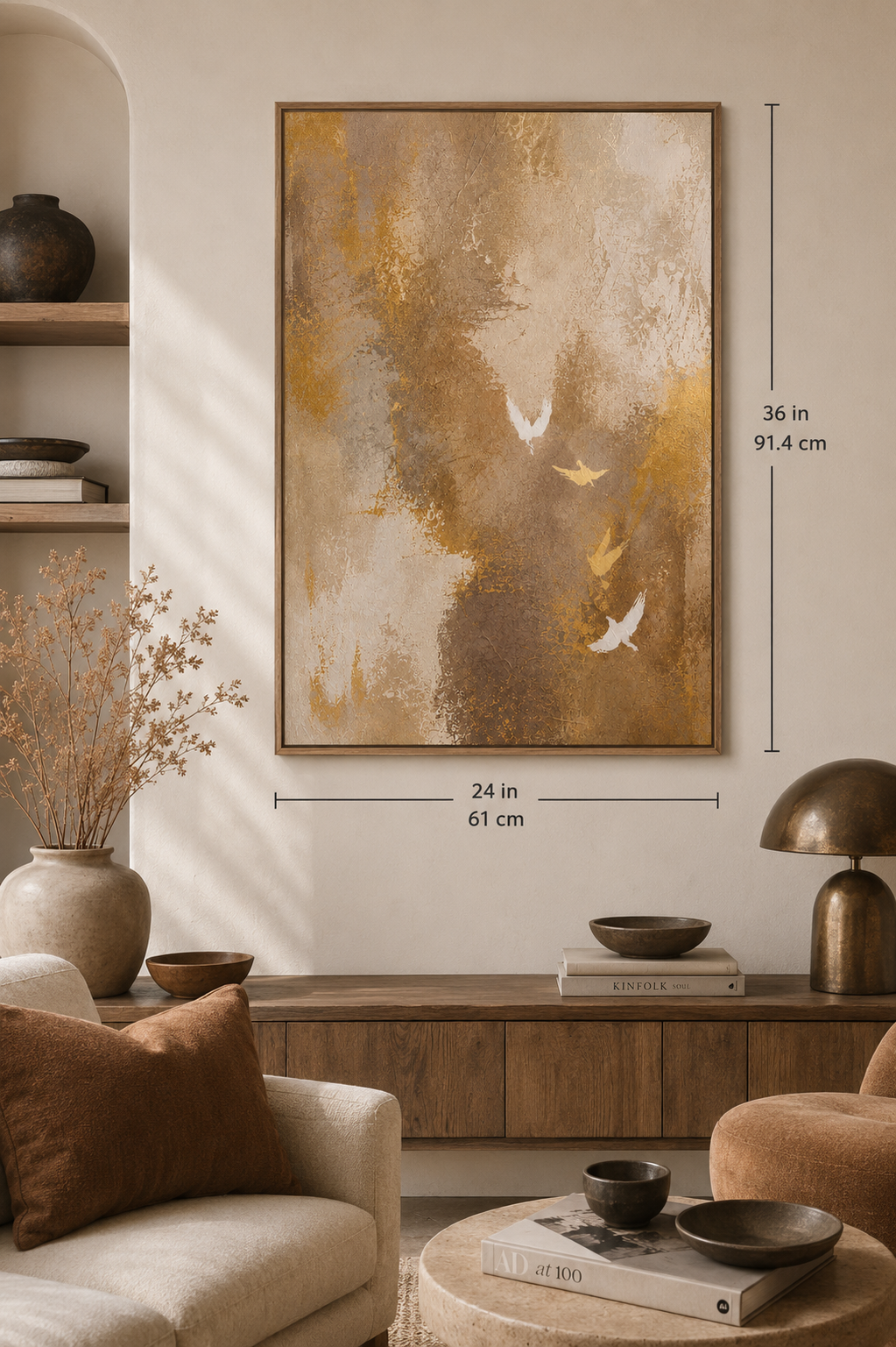 Neutral Abstract Canvas Wall Art with Flying Birds — Matte Stretched Print