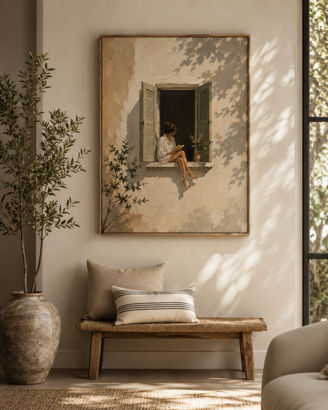 Cozy Window Reading Matte Canvas Print — Woman in Sunlit Shutters