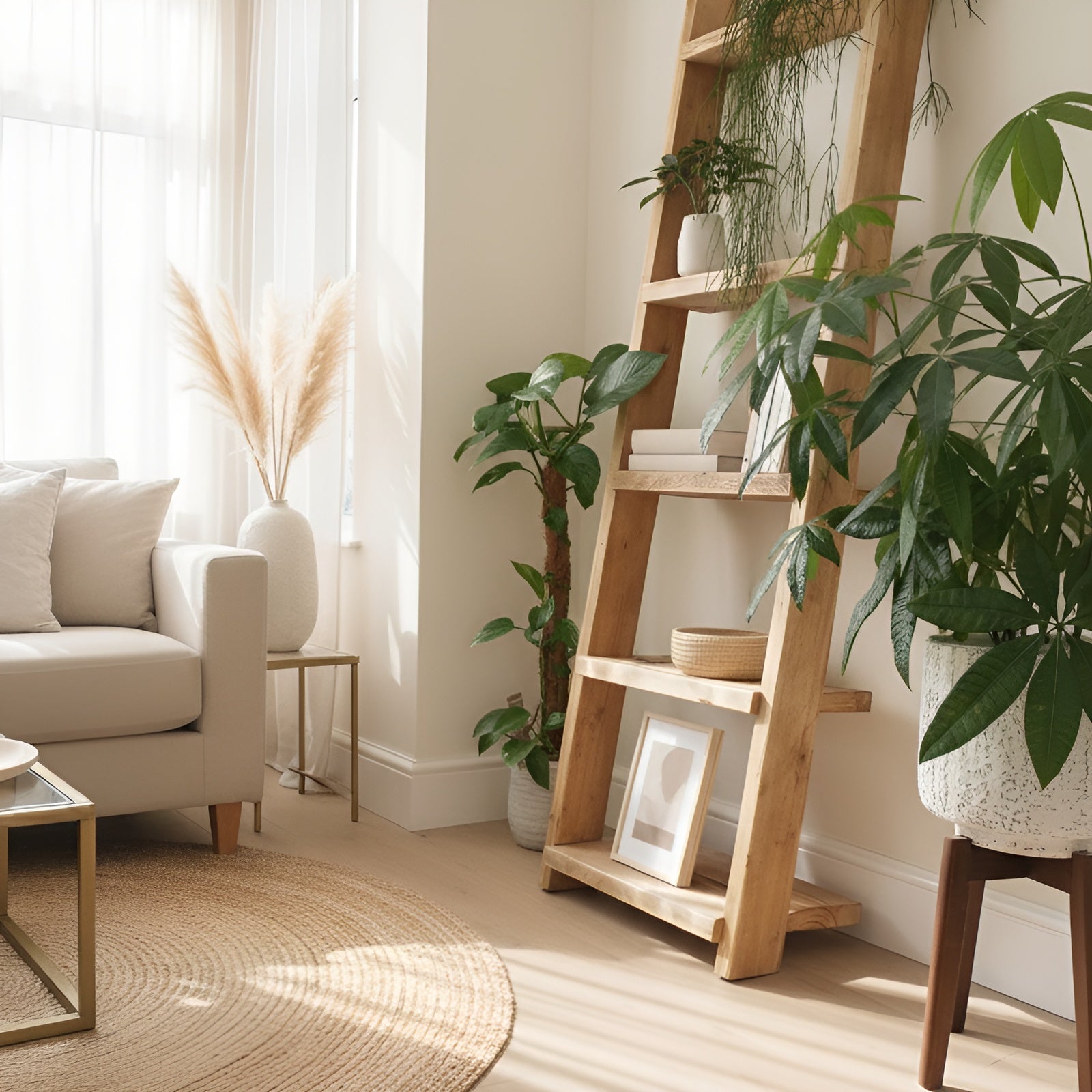 Ladder Solid Wood Bookshelf – Natural Finish