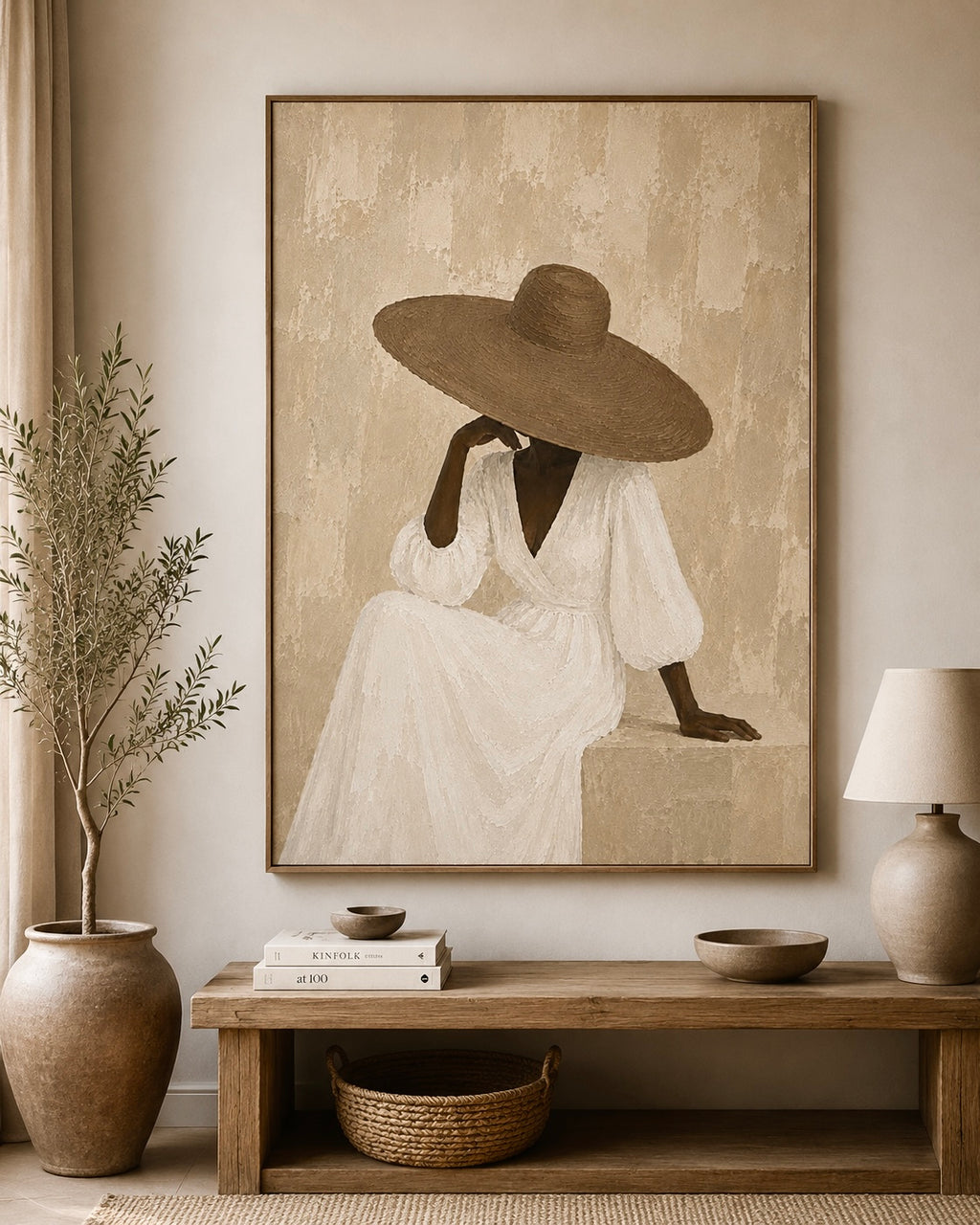 Elegant Neutral Portrait Canvas — Woman in Sun Hat Matte Stretched Canvas