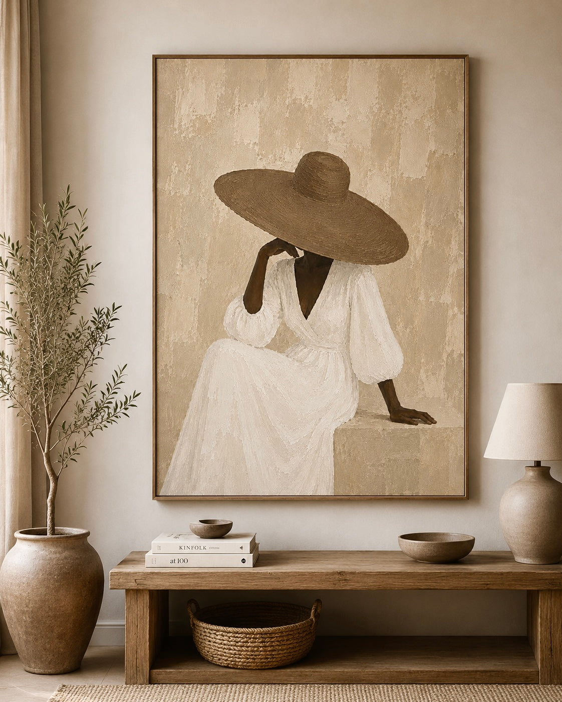 Elegant Neutral Portrait Canvas — Woman in Sun Hat Matte Stretched Canvas