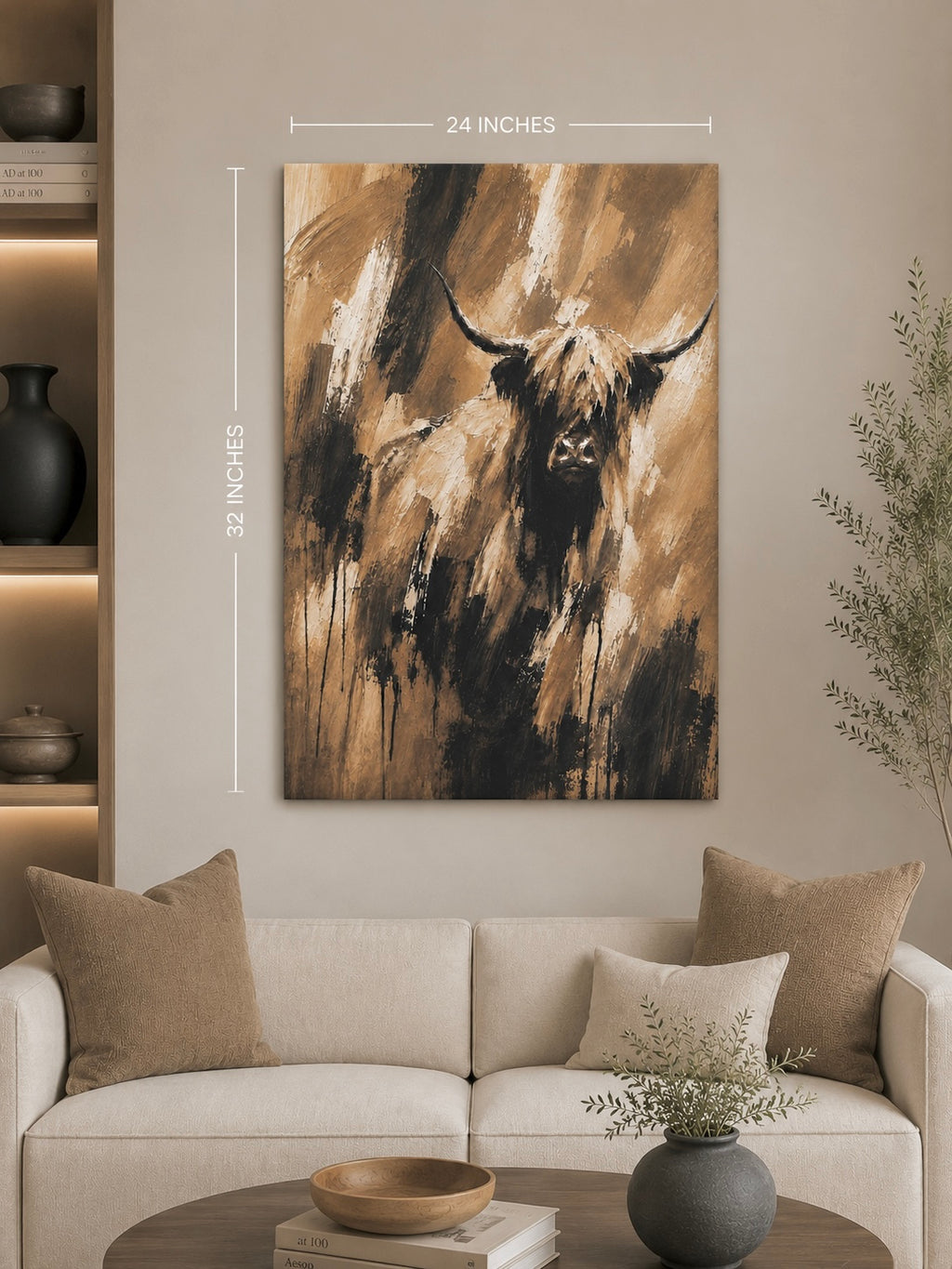 Highland Cow Matte Canvas Wall Art — Rustic Brown Abstract Cattle Painting