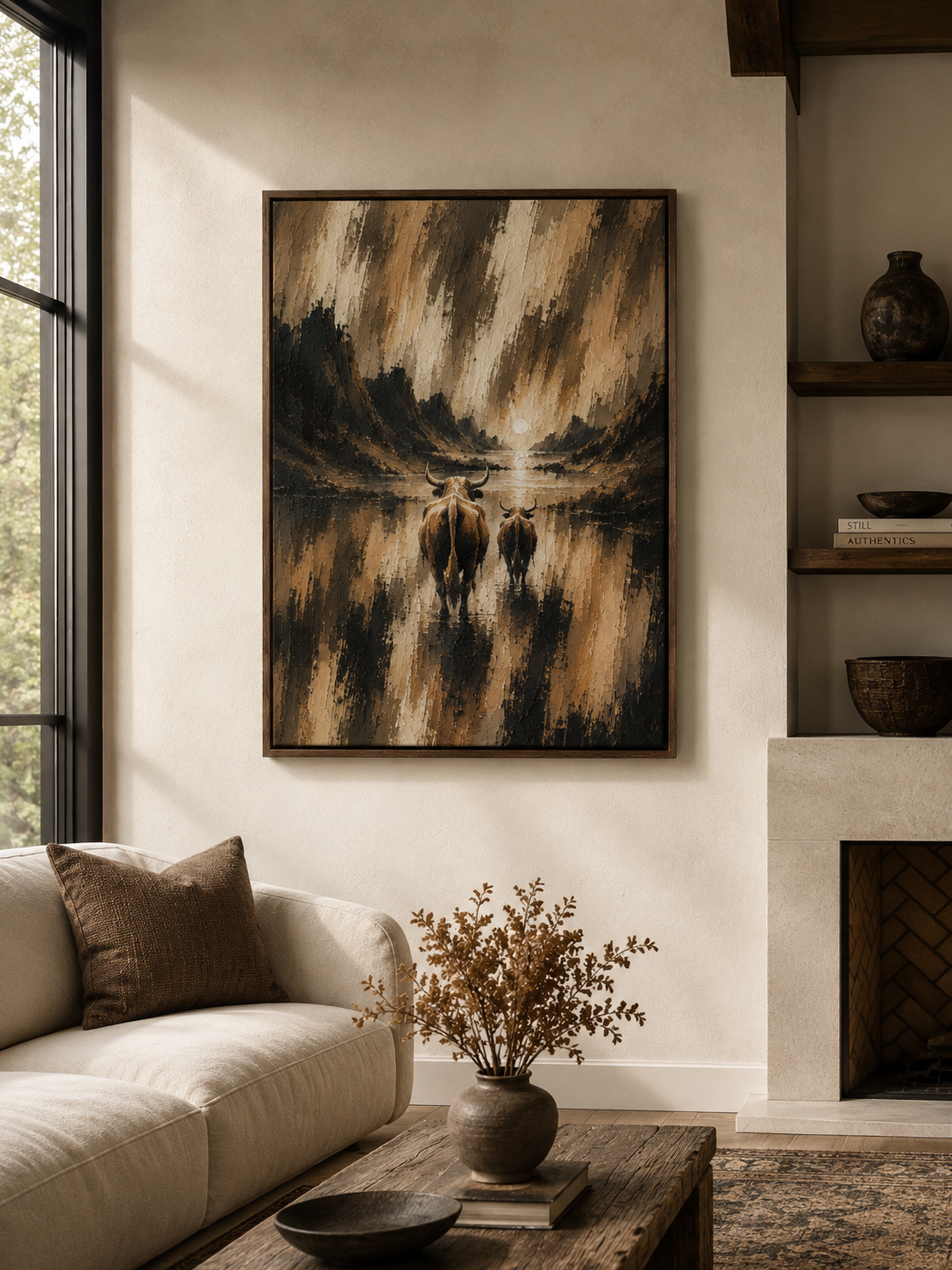 Brown Rustic Cow Pair - Framed Floating Canvas