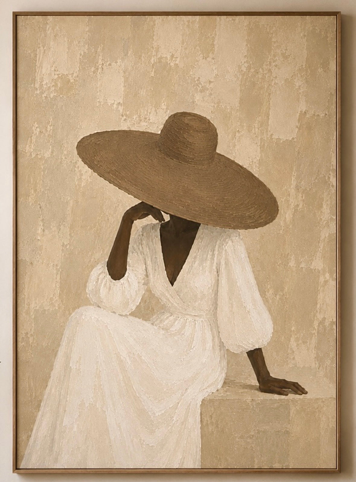 Elegant Neutral Portrait Canvas — Woman in Sun Hat Matte Stretched Canvas