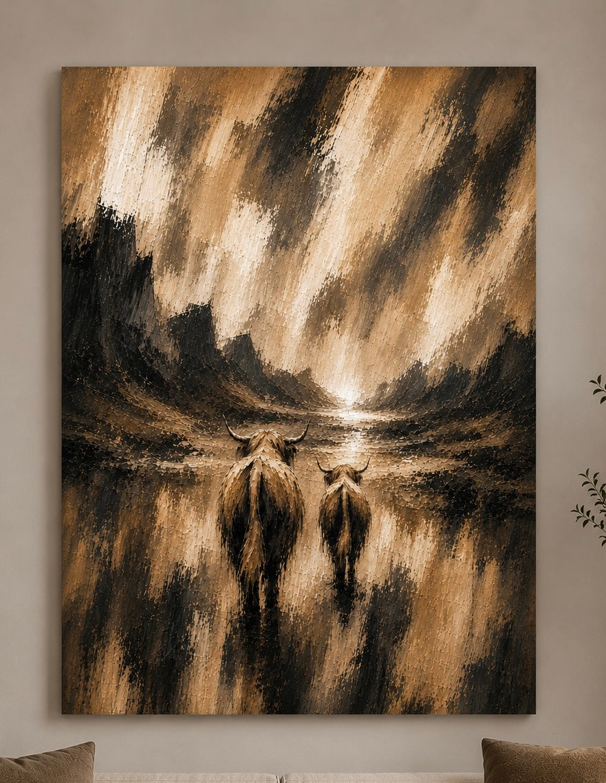 Rustic Cow Canvas Print — Brown Abstract Farm Animal Wall Art, Matte Stretched 1.25"