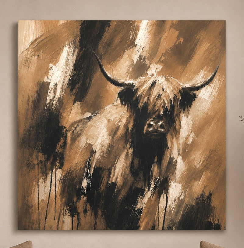 Highland Cow Matte Canvas Wall Art — Rustic Brown Abstract Cattle Painting